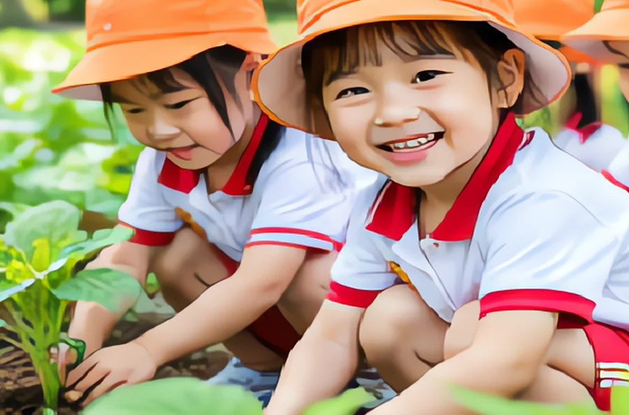 Bé chăm sóc cây rau trong vườn trường